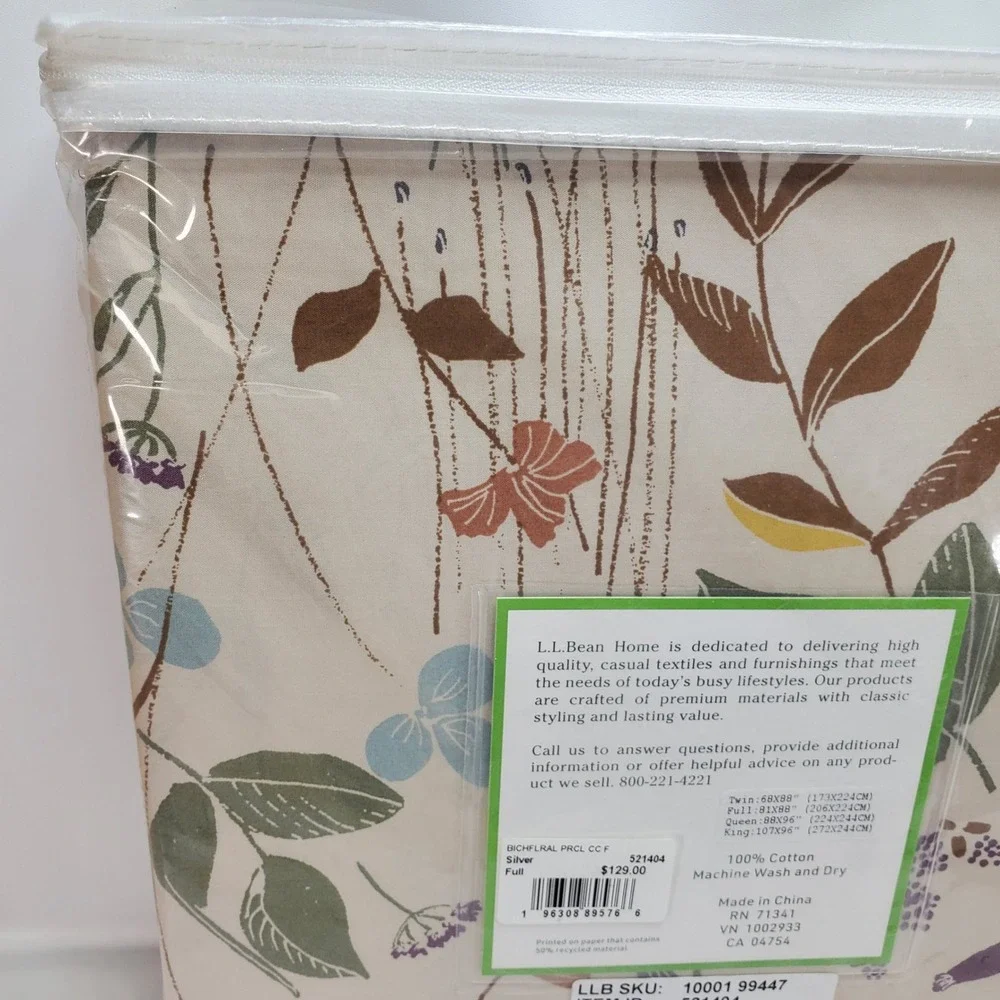 L.L. Bean Percale Bedding Comforter Cover Full Silver Birch Floral Cotton NEW